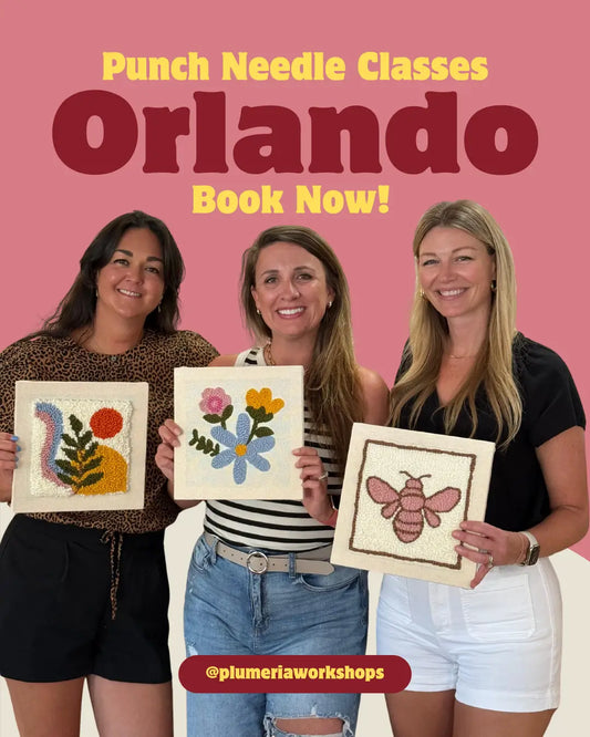 Three women holding punch needle artworks with promotional text for Punch Needle Classes in Orlando.